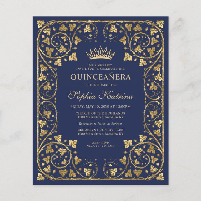 Cheap Navy Blue Floral Gold Tiara Quinceanera Flyer (Front)
