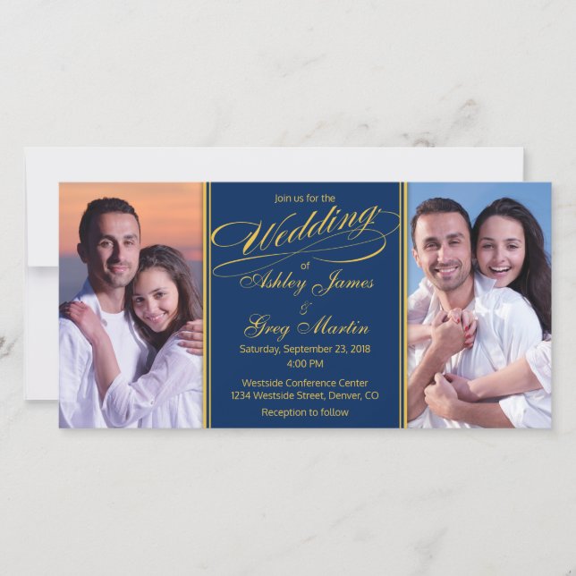 Cheap Navy Gold Photo Collage Wedding Invitation (Front)
