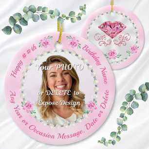 Cheap, Personalised Photo Birthday Ornaments, Pink Ceramic Tree Decoration