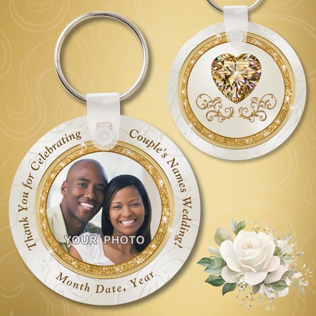 Cheap Personalised Wedding Favours in BULK or One Key Ring (Cheap wedding favors. Photo wedding favors. Personalised wedding favours. Gold and Ivory wedding.)