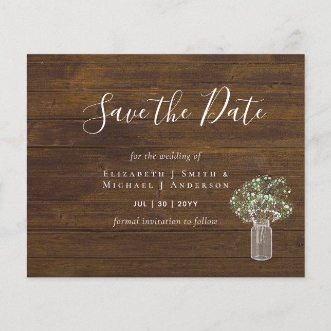 CHEAP Photo Save Dates Rustic Gypsophila Mason Jar (Front)