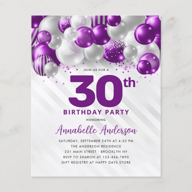 Cheap Purple Silver Balloon Glitter 30th Birthday Flyer (Front)