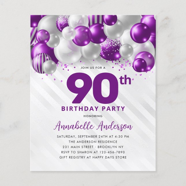 Cheap Purple Silver Balloon Glitter 90th Birthday Flyer (Front)