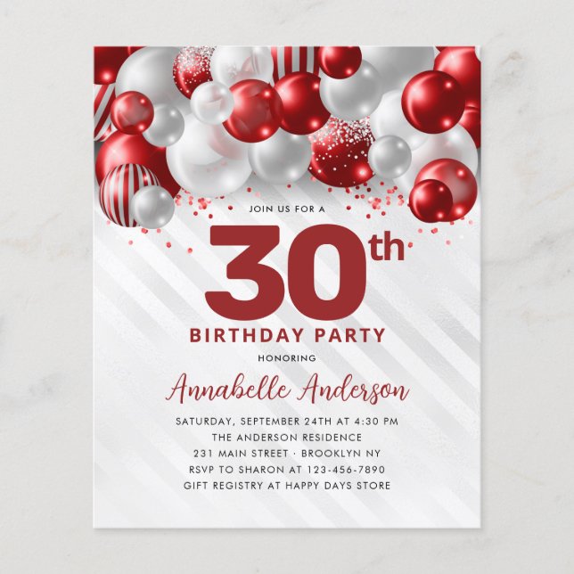 Cheap Red Silver Balloon Glitter 30th Birthday Flyer (Front)
