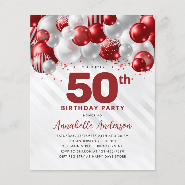Cheap Red Silver Balloon Glitter 50th Birthday Flyer (Front)