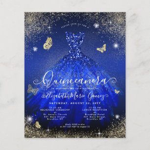 Cheap Royal Blue Gold Gown Quinceanera Invite Flyer