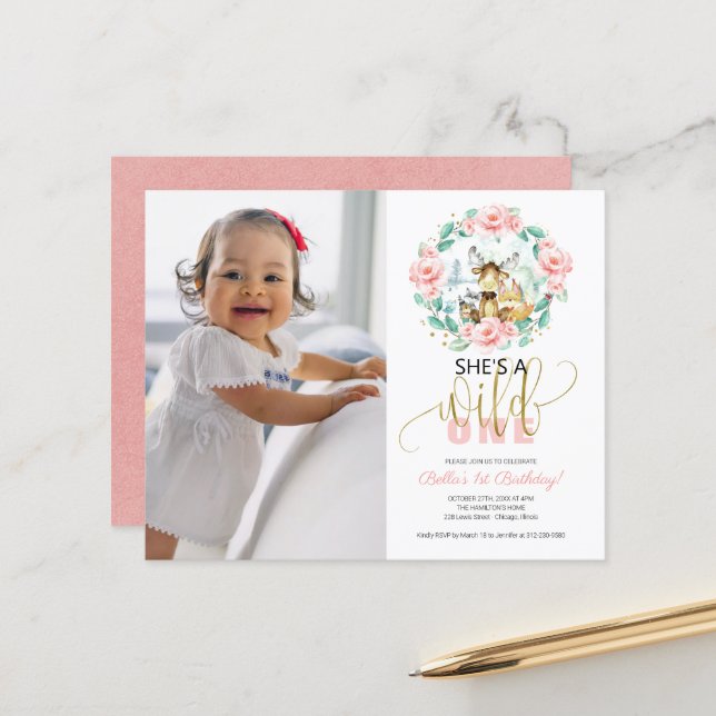 Cheap She's A Wild One Photo First Birthday Invite (Front/Back In Situ)