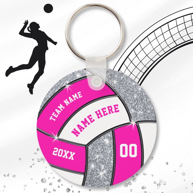 Cheap Silver, Pink and White Volleyball Keychains (Pink, Silver and White, Volleyball Favors. Cheap Volleyball Team Gifts. Volleyball Birthday Ideas. )