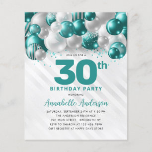 Cheap Teal Green Silver Balloon Glitter Birthday Flyer