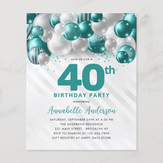 Cheap Teal Silver Balloon Glitter 40th Birthday Flyer (Front)
