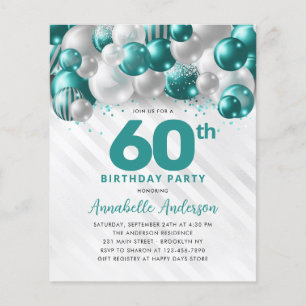 Cheap Teal Silver Balloon Glitter 60th Birthday Flyer