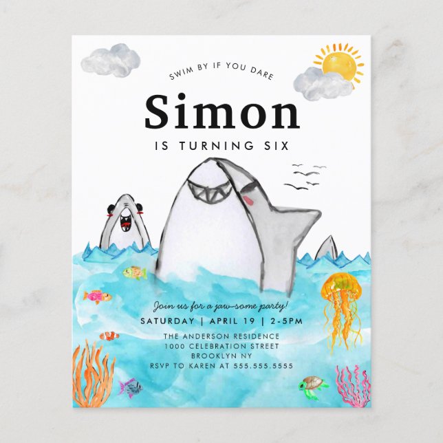 Cheap Under the Sea Swimming Shark Ocean Birthday Flyer (Front)
