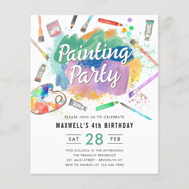 Cheap Watercolor Art Paint Painting Party Birthday Flyer (Front)