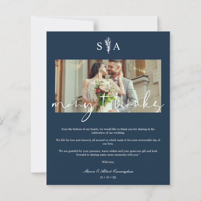 Cheap Wedding Photo Botanical Initials Many Thanks (Front)