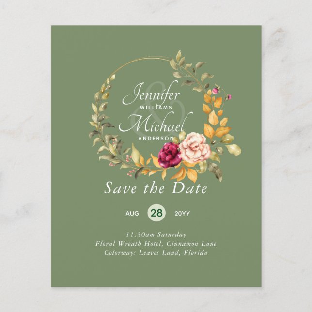 Cheapest Save The Dates Floral Wreath BUDGET (Front)
