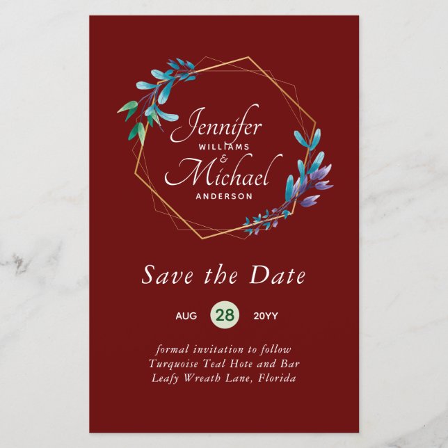 CHEAPEST Save The Dates Teal Blue Floral Wreath (Front)