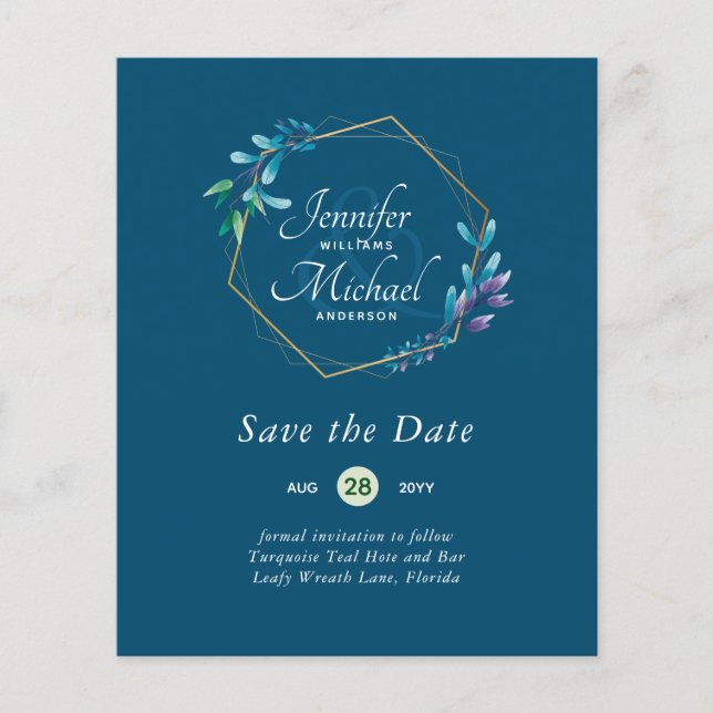 CHEAPEST Save The Dates Teal Blue Floral Wreath (Front)