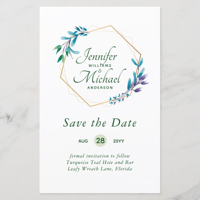 CHEAPEST Save The Dates Teal Blue Floral Wreath (Front)