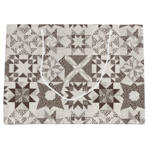 Cheater Traditional Patchwork Stars Quilt Black Large Gift Bag