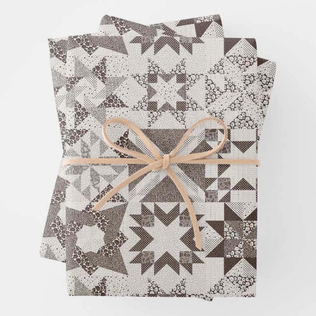 Cheater Traditional Patchwork Stars Quilt Black Wrapping Paper Sheet (In situ)