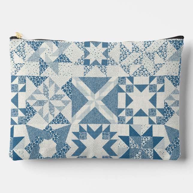 Cheater Traditional Patchwork Stars Quilt Blue Accessory Pouch (Front)