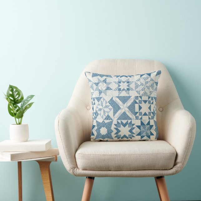 Cheater Traditional Patchwork Stars Quilt Blue Cushion (Chair)