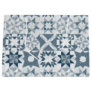 Cheater Traditional Patchwork Stars Quilt Blue Large Gift Bag