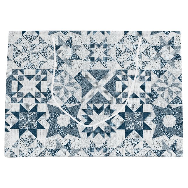 Cheater Traditional Patchwork Stars Quilt Blue Large Gift Bag (Front)