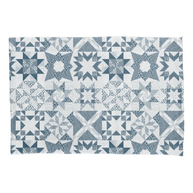 Cheater Traditional Patchwork Stars Quilt Blue Pillowcase (Front)