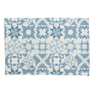 Cheater Traditional Patchwork Stars Quilt Blue Pillowcase