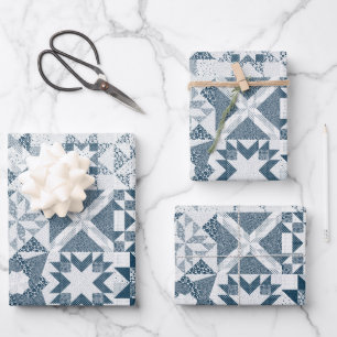 Cheater Traditional Patchwork Stars Quilt Blue Wrapping Paper Sheet