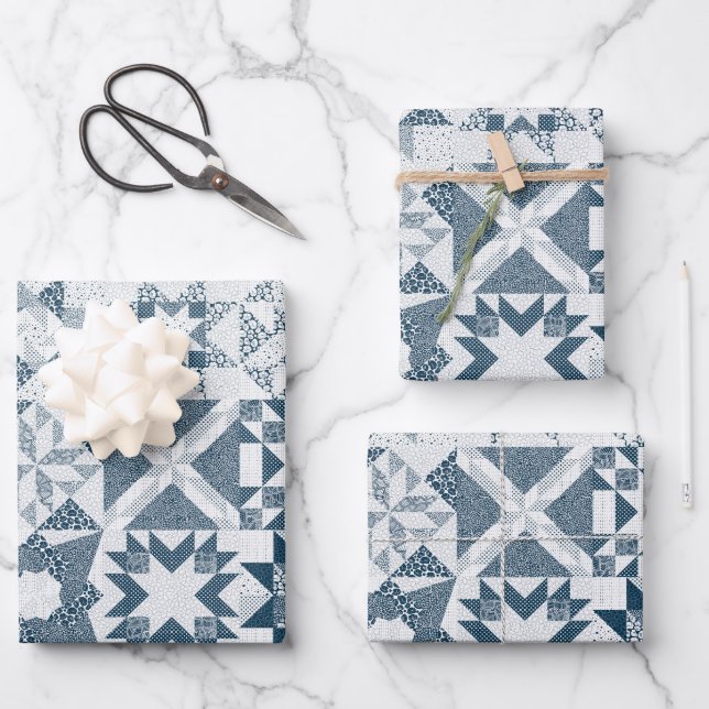Cheater Traditional Patchwork Stars Quilt Blue Wrapping Paper Sheet (Front)