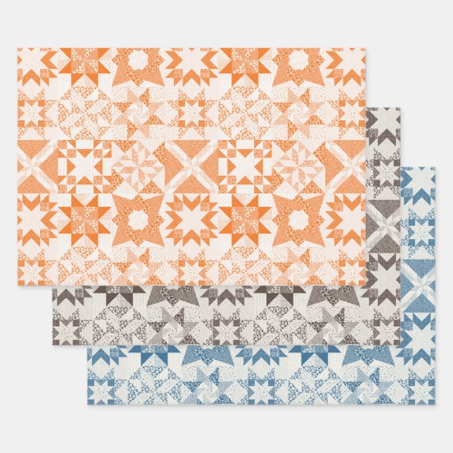 Cheater Traditional Patchwork Stars Quilt Mixed Wrapping Paper Sheet (Set)