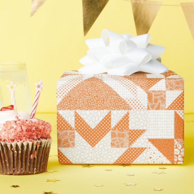 Cheater Traditional Patchwork Stars Quilt Orange Wrapping Paper (Birthday Party)