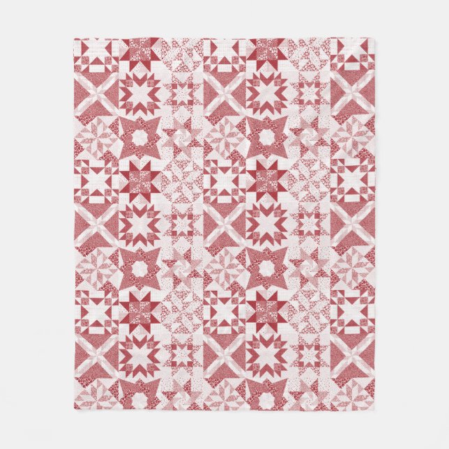 Cheater Traditional Patchwork Stars Quilt Red Fleece Blanket (Front)
