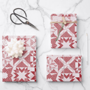 Cheater Traditional Patchwork Stars Quilt Red Wrapping Paper Sheet