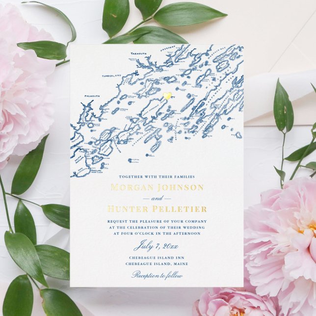 Chebeague Island Maine Wedding Elegant Gold (These Chebeague Island wedding invitations are perfect for your navy and gold destination wedding)
