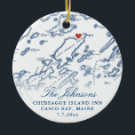 Chebeague Island Map Newlywed Photo Christmas  Ceramic Tree Decoration<br><div class="desc">Celebrate their love with a personalised wedding keepsake Christmas ornament, featuring a refined navy blue map of Chebeague Island in Casco Bay, Maine. With the couple’s wedding photo on the back, this ornament is a heartfelt memento, perfect for commemorating their wedding and adding a touch of sentiment to their holiday...</div>