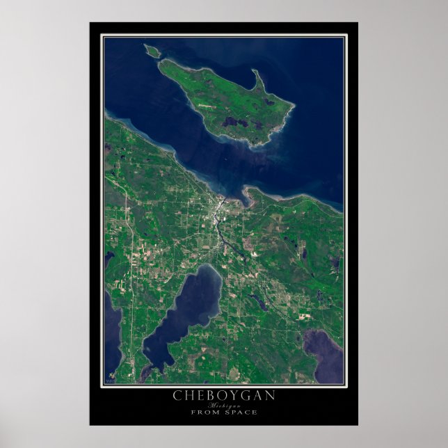 Cheboygan Michigan From Space Satellite Map Poster (Front)