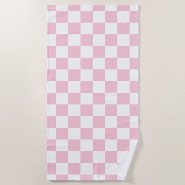 Check Baby Pink And White Chequerboard Pattern Beach Towel (Front)