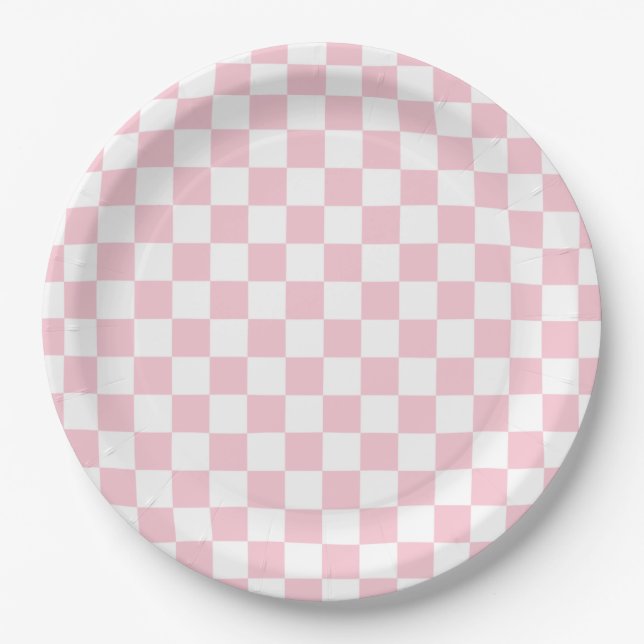 Check Baby Pink And White Chequerboard Pattern Paper Plate (Front)