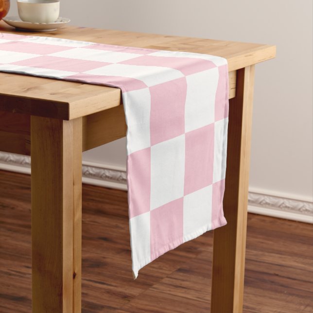 Check Baby Pink And White Chequerboard Pattern Short Table Runner (In Situ)