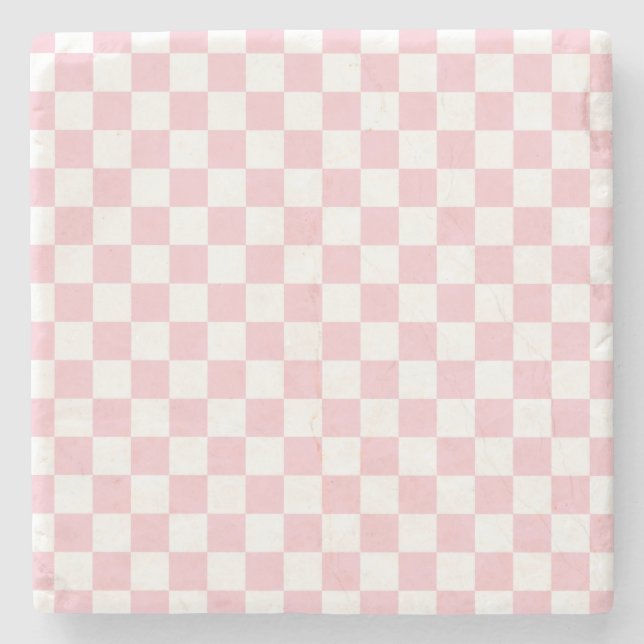 Check Baby Pink And White Chequerboard Pattern Stone Coaster (Front)