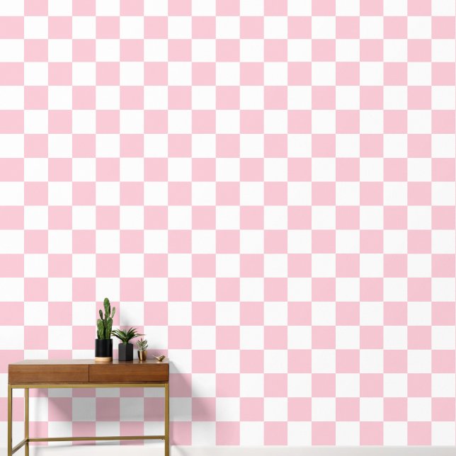 Check Baby Pink And White Chequerboard Pattern  Wallpaper (Hallway)