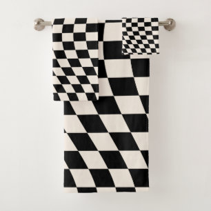 Check Black And Cream White Pattern Chequerboard Bath Towel Set