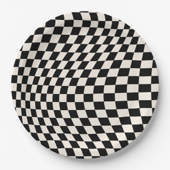 Check Black And Cream White Pattern Chequerboard Paper Plate (Front)