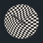 Check Black And Cream White Pattern Chequerboard Round Clock<br><div class="desc">Retro Chequered pattern – black and white twisted check / wavy and warped chequerboard.</div>
