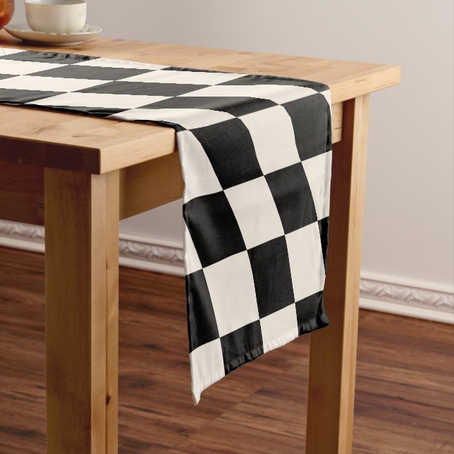 Check Black And Cream White Pattern Chequerboard Short Table Runner (In Situ)