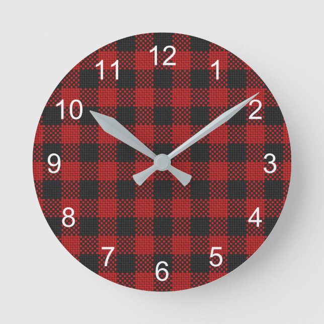 Check Buffalo Plaid Pattern Rustic Red Black Round Clock (Front)