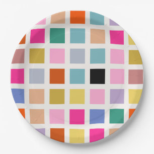 Check Colourful Mid Century Geometric Chequerboard Paper Plate